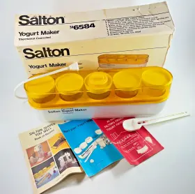 Salton 346584 Vintage Yogurt Maker Gm-5w White Base Yellow Lid Thermostat 1980 Orig Box
